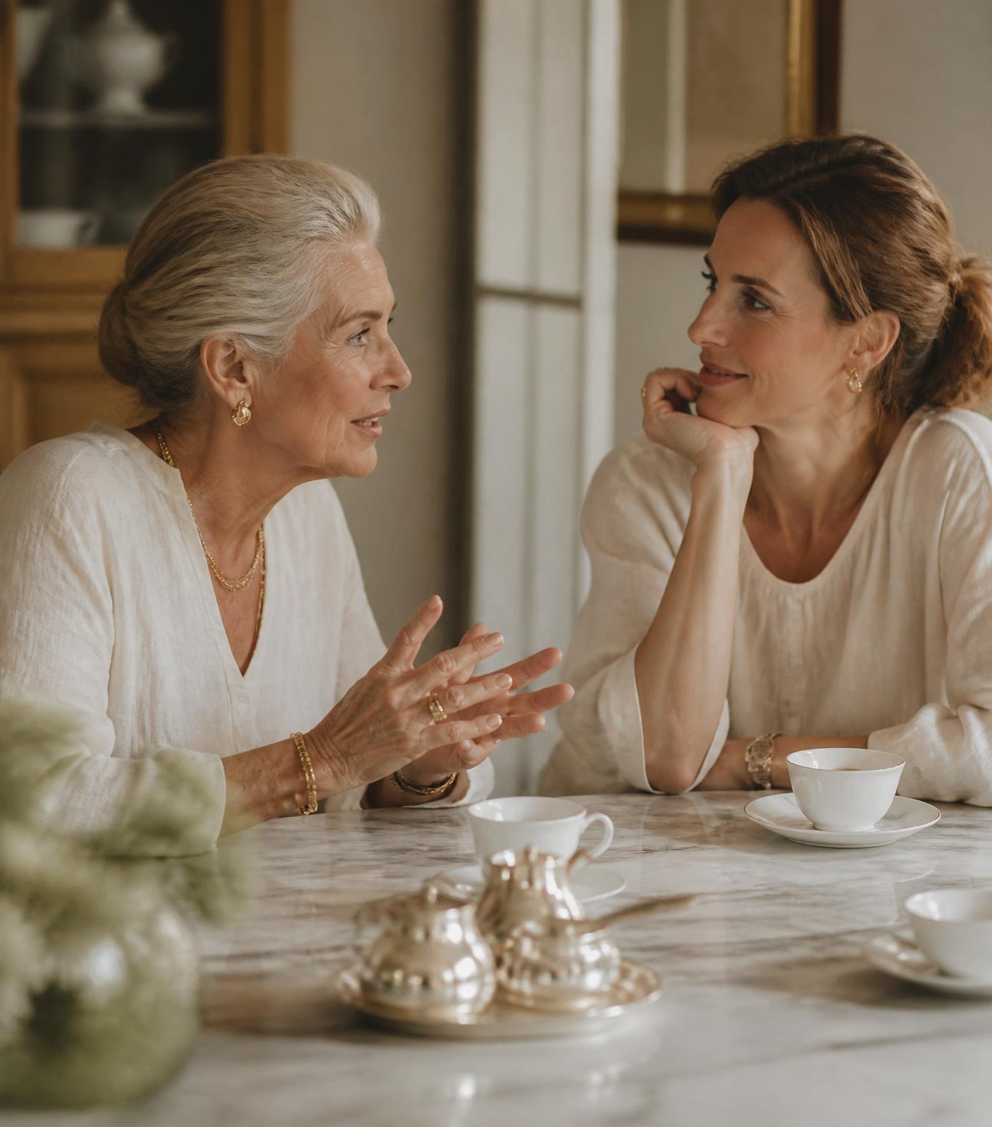 Two women in a warm, supportive conversation over tea